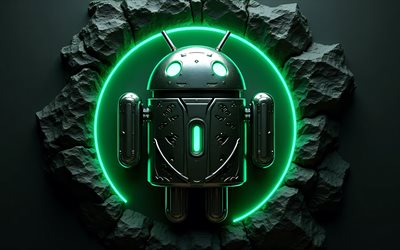 4k, android metal  logo, makro, os  tuotemerkit, vihreät neonvalot, kivitausta, android 3d  logo, luova, android  logo, tuotemerkit, androidi