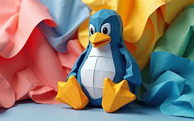 logo 3d linux origami, linux, fond de papier coloré, logo linux, art origami, pingouin linux