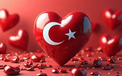 4k, amo a turquía, bokeh, fondos 3d rojos, día de turquía, bandera de turquía, creativo, arte 3d, corazón con bandera turca, obra de arte, corazones 3d, bandera turca, pavo, amor por turquía