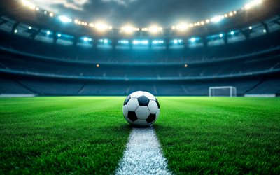 4k, football stadium, ball in the center, sport arena, abstract art, soccer stadium, empty football stadium, sports concepts, football, soccer, stands, floodlights at the stadium, stadiums