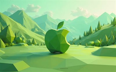 logo di apple origami, logo di mela verde, polygon 3d summer paesace, logo apple, alberi verdi poligoni, mela, arte creativa