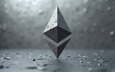 4k, ethereum 3d işareti, gri teknoloji arka planı, ethereum logosu, ethereum işareti, teknoloji arka planı, kripto para birimi, eti