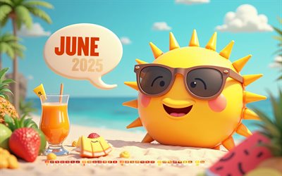 calendario 2025 de junio, dibujos animados 3d sol, gafas de sol, junio ​​de 2025, calendario de primavera, playa, calendario de junio de 2025, sol, 2025 conceptos, calendarios de junio, 2025 calendarios, junio