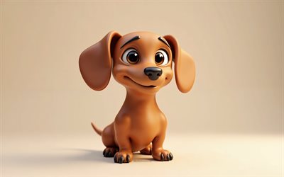 4k, netter 3d  brauner dackel, cartoon 3d waschbär, süße tiere, brauner dachshund, 3d  tiere, cartoon 3d  tiere, lustiger brauner dachshund, kleiner dachshund, orangefarbener hintergrund