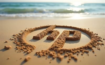 Hewlett-Packard logo, 4k, summer, HP logo, Hewlett-Packard logo made of sand, beach, 3d Hewlett-Packard logo, sand, Hewlett-Packard emblem, Hewlett-Packard, HP