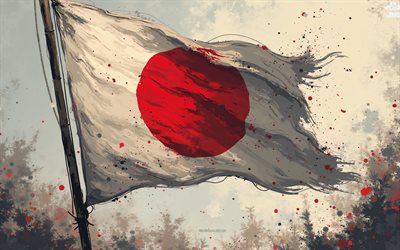 bandera japonesa, 4k, bandera de japón en la bandera, bandera de salpicaduras de pintura japonesa, arte grune, bandera de japón, japón, fondo de grune