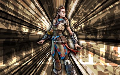 4k, aloy, fond de rayons bruns, peau aloy, abstrakt fortnite, art abstrait, skin de fortnite aloy, personnages fortnite, fortnite, art créatif
