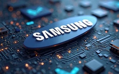 4k, サムスンのロゴ, ハイテク背景, 3d samsungロゴ, チップ付きのマイクロサーキット, サムスンのエンブレム, サムスン, 創造的なハイテクアート