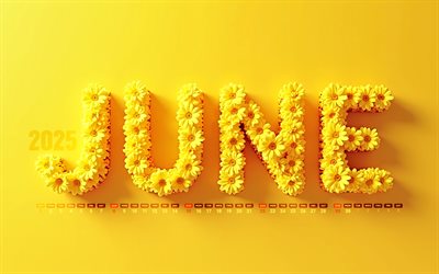 4k, calendario 2025 de junio, letras florales amarillas, minimalismo, junio ​​de 2025, calendarios de verano, fondos amarillos, calendario de junio de 2025, flores 3d amarillas, 2025 conceptos, calendarios de junio, letras 3d amarillas, 2025 calendarios, junio