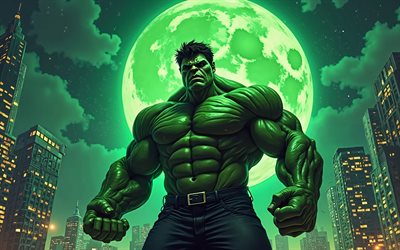 4k, ponton, paysage nocturne, super héros, art 3d, comics marvel, lune verte, hulk 3d, fan art, hulk 4k