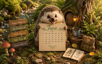June 2026 Calendar, 4k, cute hedgehog in the forest, 2026 June Calendar, little hedgehog, June, 2026 calendars, June Calendar 2026, summer, forest