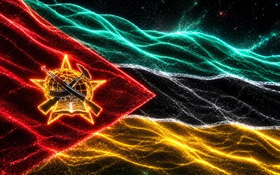 Mozambique glowing flag, 4k, darkness, flag of Mozambique, Day of Mozambique, 3D art, Mozambican flag, Mozambique neon flag, neon waves Mozambique flag, Mozambique 3D flag, Mozambique abstract flag, Mozambique