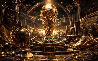 4k, 2026 fifa world cup, liput, kultaiset koristeet, fifa world cup trophy, kultainen ylellinen tausta, jalkapallo, fifa world cup  taide, fifa world cup 2026, luova, kultainen pokaali, fifa world cup