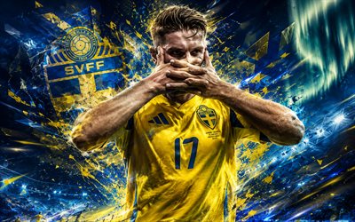 viktor gyokeres, ruotsin jalkapallomaajoukkue, fanitaidetta, sininen keltainen abstrakteja viivoja tausta, viktor gyokeres ruotsi, luovaa taidetta, ruotsin jalkapallomaajoukkueen logo, jalkapallo, ruotsi