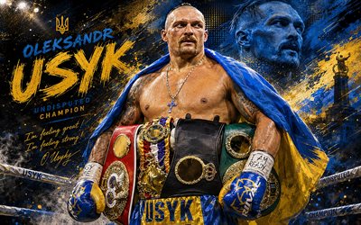 Oleksandr Usyk, 4k, blue yellow grunge background, Ukrainian professional boxer, World Champion, The Cat, Oleksandr Usyk Art, Ukraine, Oleksandr Usyk with belts, IBO, boxing, Oleksandr Usyk 4K