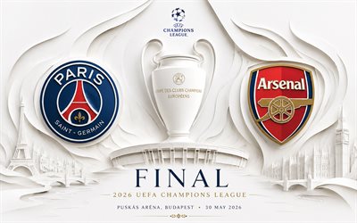 finale de l'uefa champions league 2026, psg contre arsenal fc, fond blanc 3d, psg, arsenal fc, ligue des champions, art 3d, final, paris saint germain contre arsenal, paris saint germain, arène puskás, budapest, football