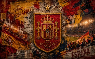 Spain national football team logo, 4K, stone background, Spain national football team, 2026 FIFA World Cup, mural art, football, Spain