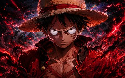 4k, Monkey D Luffy, red lightings, red fire flames, One Piece, straw hat, Gear Fifth, manga, abstract art, One Piece characters, Gear 5, artwork, Gomu Gomu no Mi, Monkey D Luffy One Piece