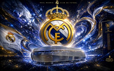 ريال مدريد, 4k, نادي كرة القدم الاسباني, شعار ريال مدريد, فن كرة القدم, خلفية مجردة حمراء, الدوري الاسباني, كرة القدم, إسبانيا, شعار نادي ريال مدريد لكرة القدم, نادي ريال مدريد لكرة القدم, برنابيو
