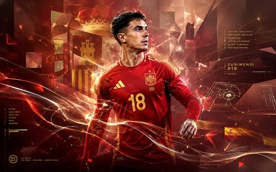 martín zubimendi, selección de fútbol de españa, fan art, fondo de líneas abstractas amarillo rojo, arte creativo, logotipo de la selección de fútbol de españa, fútbol americano, martín zubimendi españa