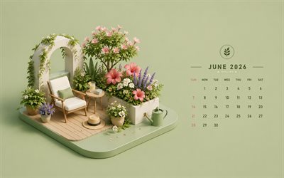 June 2026 Calendar, 4k, green background, isometric 3D garden, 2026 June Calendar, garden with flowers, June, 2026 calendars, June Calendar 2026, summer flowers, isometric art
