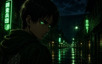 4k, Eren Jaeger, night, green neon signs, Attack on Titan, street, green eyes, manga, Shingeki no Kyojin, anime characters, protagonist, Attack on Titan characters, Eren Jaeger Attack on Titan