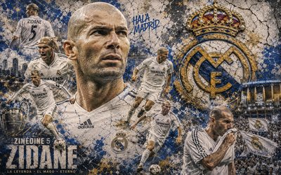 زين الدين زيدان, ريال مدريد, 4k, زيزو, خلفية الحجر, شعار ريال مدريد, زين الدين زيدان ريال مدريد, فن جدارية, كرة القدم, نادي ريال مدريد لكرة القدم, زين الدين يزيد زيدان, زيزو ريال مدريد