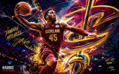 Donovan Mitchell, 4k, purple digital background, Cleveland Cavaliers, NBA, basketball, Donovan Mitchell 4K, Donovan Mitchell Art, fan art, Donovan Mitchell Cleveland Cavaliers, CAVS