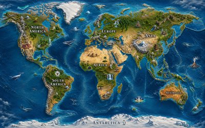 4k, topographic world map, 3D art, world landmarks, continents, artwork, 3D world map, landscape map, world maps concepts, world maps