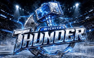 4k, Wichita Thunder metal logo, spotlights, ice arena, ECHL, creative, hockey, Wichita Thunder logo, hockey stadium, Wichita Thunder 3D logo, american hockey team, Wichita Thunder