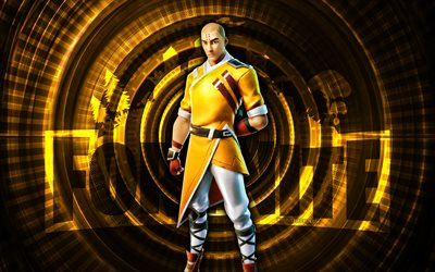 gan giallo fortnite, 4k, sfondo a spirale giallo, fortnite, creativo, pelle gan gialla, skin gan giallo fortnite, gan giallo, personaggi di fortnite