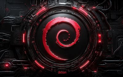 debian 3d logo, 4k, dunkler futuristischer hintergrund, rote neonstrahlen, os marken, futuristisches debian logo, debian neon logo, marken, debian logo, debian