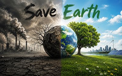 Save Earth, environmental pollution, 4k, factory, half-dried tree, smoke, 3D art, ecology concepts, protect nature, environment concepts, eco concepts, heavy industry, harm to the environment, green tree and factories