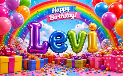 4k, Levi Happy Birthday, rainbow, balloons 3D letters, Levi name, Levi Birthday, colorful gift boxes, popular american male names, Happy Birthday Levi, picture with Levi name, Levi