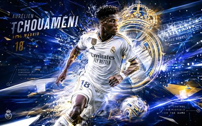 aurelien tchouameni, real madrid cf, fan art, fondo digital abstracto blanco, aurelien tchouameni real madrid cf, arte creativo, logotipo del real madrid cf, aurelien tchouameni real madrid, fútbol americano, real madrid