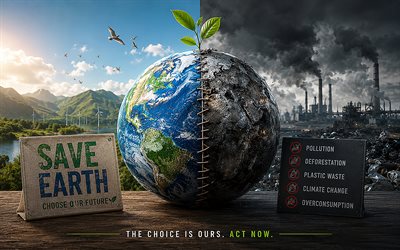 4k, Save Earth, environmental pollution, The Choice Is Ours, factory, 3D art, ecology concepts, creative, protect nature, environment concepts, eco concepts, heavy industry, harm to the environment, nature and factories