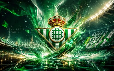 Real Betis, 4k, Spanish football club, Real Betis logo, football art, green abstract background, Real Betis emblem, La Liga, football, Spain, Real Betis Balompie