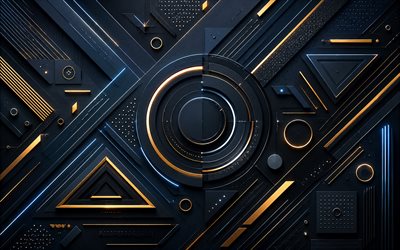 golden neon figures, 4k, darkness, geomteric shapes, futuristic 3D background, creative, dark 3D background, artwork, colorful abstract background, colorful neon lights, shapes, 3D backgrounds