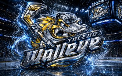 4k, Toledo Walleye metal logo, spotlights, ice arena, ECHL, creative, hockey, Toledo Walleye logo, hockey stadium, Toledo Walleye 3D logo, american hockey team, Toledo Walleye