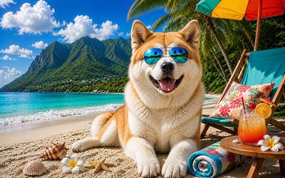 4k, akita inu, meri, kesä, trooppinen ranta, rantatarvikkeet, aurinkotuoli, aurinkolasit, akita inu rannalla, koirat, söpöjä eläimiä, ranta, lemmikkejä, koira aurinkolaseissa, akita inu koira