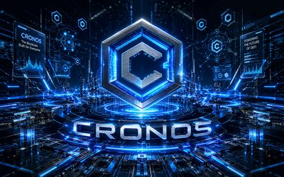 Cronos 3D logo, 4k, blue hi-tech background, blue neon lights, conductors, microcircuit, cryptocurrencies, brands, Cronos futuristic logo, blockchain, Cronos logo, Cronos