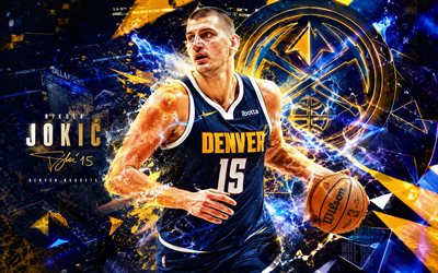 4k, Nikola Jokic, blue digital background, Denver Nuggets, NBA, fan art, Denver Nuggets logo, Nikola Jokic 4K, basketball, creative, Nikola Jokic Denver Nuggets, Nikola Jokic Art