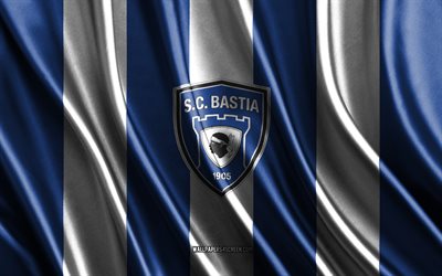 4k, شعار نادي باستيا, الدوري الفرنسي 2, نسيج الحرير الأبيض الأزرق, علم نادي باستيا, نادي كرة القدم الفرنسي, علم الحرير, فرنسا, نادي باستيا