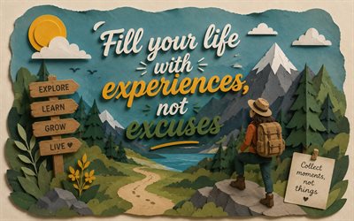 täytä elämäsi kokemuksilla, ei tekosyillä, 4k, 3d paperitaide, motivaatiokäsitteitä, inspiraatiota, matkalainaukset