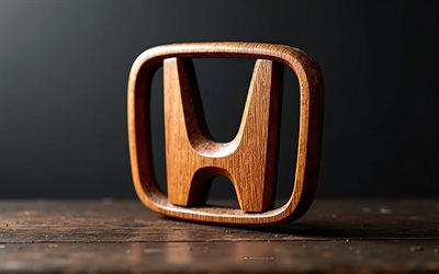 logo honda, 4k, arte creativa, logo in legno marrone honda 3d, backound in legno nero, logo honda 3d, honda, emblema honda 3d