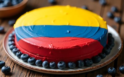 Colombia flag painted on cake, 4k, Colombian flag, baking, Colombia, cake with berries, flag of Colombia, cake with the Colombian flag, cake like Colombian flag, Colombia flag