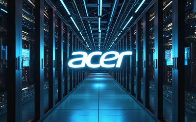 4k, Acer blue neon logo, bokeh, electronics brands, datacenter racks, artwork, Acer logo, darkness, brands logo, Acer neon logo, Acer, brands, Acer blue logo