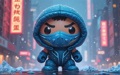 sub zero, mortal kombat, 4k, personagens de desenhos animados, brinquedo de pelúcia sub zero, paisagem urbana, caractere sub zero, brinquedo macio abaixo de zero, brinquedo sub zero, arte criativa, kombat mortal sub zero