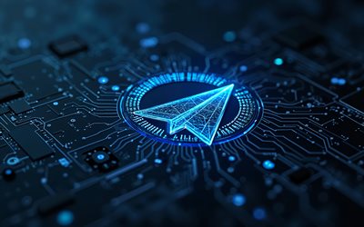 4k, telegrammblau  glitter  logo, bokeh, blauer hi tech hintergrund, mikrocircuits, leiter, soziale netzwerke, kreativ, telegramm  logo auf mikrocircuit, marken, telegramm abstract logo, kunstwerk, telegramm  logo, telegramm