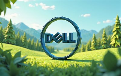 Dell 3d logo, green field, polygon 3d summer landscape, Dell logo, Dell sign, Dell emblem, polygon green trees, Dell